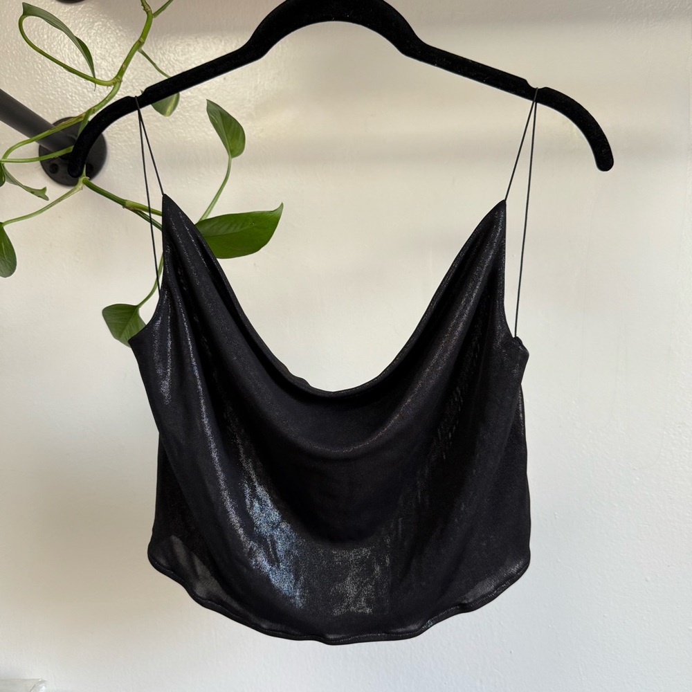 Geri C. Black Shimmery Metalic Flowy Cowl Backless Stap Crop Top S/M